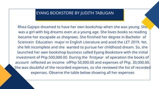 Rhea Gajopo dreamed to have her own bookshop when she was young. She
was a girl with big dreams even at a young age. She loves books so reading
became her escapade as shegrows. She finished her degree in Bachelor of
Sciencein Education major in English Literature and aced the LET 2019. Yet,
she felt incomplete and she wanted to pursue her childhood dream. So, she
launched her own bookshop business called Eyang Bookstore with the initial
investment of Php.500,000.00. During the firstyear of operation the books of
account reflected an income ofPhp 50,000.00 and expenses of Php. 30,000.00.
She was doubtful of the recorded expenses, so she reviewed the list of recorded
expenses. Observe the table below showing all her expenses
EYANG BOOKSTORE BY JUDITH TABUGAN
 