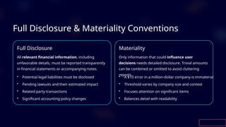 Full Disclosure & Materiality Conventions
Full Disclosure
All relevant financial information, including
unfavorable details, must be reported transparently
in financial statements or accompanying notes.
• Potential legal liabilities must be disclosed
• Pending lawsuits and their estimated impact
• Related party transactions
• Significant accounting policy changes
Materiality
Only information that could influence user
decisions needs detailed disclosure. Trivial amounts
can be combined or omitted to avoid cluttering
reports.
• A $10 error in a million-dollar company is immaterial
• Threshold varies by company size and context
• Focuses attention on significant items
• Balances detail with readability
 