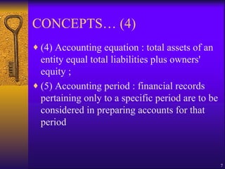 CONCEPTS… (4) (4) Accounting equation : total assets of an entity equal total liabilities plus owners' equity ;  (5) Accounting period : financial records pertaining only to a specific period are to be considered in preparing accounts for that period 