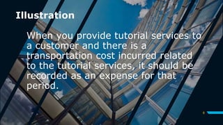 Illustration
When you provide tutorial services to
a customer and there is a
transportation cost incurred related
to the tutorial services, it should be
recorded as an expense for that
period.
6
 