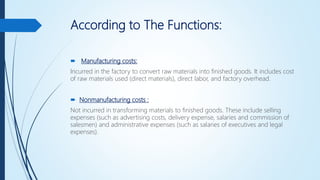 According to The Functions:
 Manufacturing costs:
Incurred in the factory to convert raw materials into finished goods. It includes cost
of raw materials used (direct materials), direct labor, and factory overhead.
 Nonmanufacturing costs :
Not incurred in transforming materials to finished goods. These include selling
expenses (such as advertising costs, delivery expense, salaries and commission of
salesmen) and administrative expenses (such as salaries of executives and legal
expenses).
 