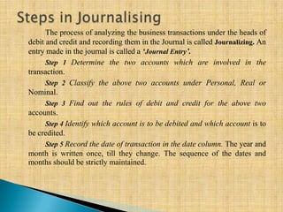 The process of analyzing the business transactions under the heads of
debit and credit and recording them in the Journal is called Journalizing. An
entry made in the journal is called a ‘Journal Entry’.
Step 1 Determine the two accounts which are involved in the
transaction.
Step 2 Classify the above two accounts under Personal, Real or
Nominal.
Step 3 Find out the rules of debit and credit for the above two
accounts.
Step 4 Identify which account is to be debited and which account is to
be credited.
Step 5 Record the date of transaction in the date column. The year and
month is written once, till they change. The sequence of the dates and
months should be strictly maintained.

 