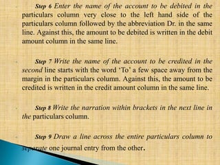 •

Step 6 Enter the name of the account to be debited in the

particulars column very close to the left hand side of the
particulars column followed by the abbreviation Dr. in the same
line. Against this, the amount to be debited is written in the debit
amount column in the same line.
•

Step 7 Write the name of the account to be credited in the

second line starts with the word ‘To’ a few space away from the
margin in the particulars column. Against this, the amount to be
credited is written in the credit amount column in the same line.
•

Step 8 Write the narration within brackets in the next line in

the particulars column.
•

Step 9 Draw a line across the entire particulars column to

separate one journal entry from the other.

 