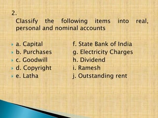 2.
Classify the following items
personal and nominal accounts







a. Capital
b. Purchases
c. Goodwill
d. Copyright
e. Latha

into

f. State Bank of India
g. Electricity Charges
h. Dividend
i. Ramesh
j. Outstanding rent

real,

 
