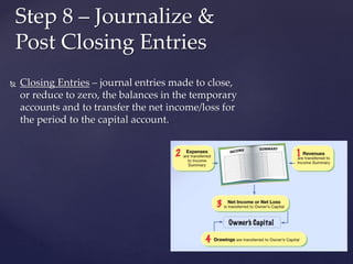  Closing Entries – journal entries made to close,
or reduce to zero, the balances in the temporary
accounts and to transfer the net income/loss for
the period to the capital account.
Step 8 – Journalize &
Post Closing Entries
 