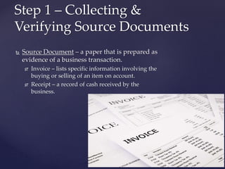  Source Document – a paper that is prepared as
evidence of a business transaction.
 Invoice – lists specific information involving the
buying or selling of an item on account.
 Receipt – a record of cash received by the
business.
Step 1 – Collecting &
Verifying Source Documents
 
