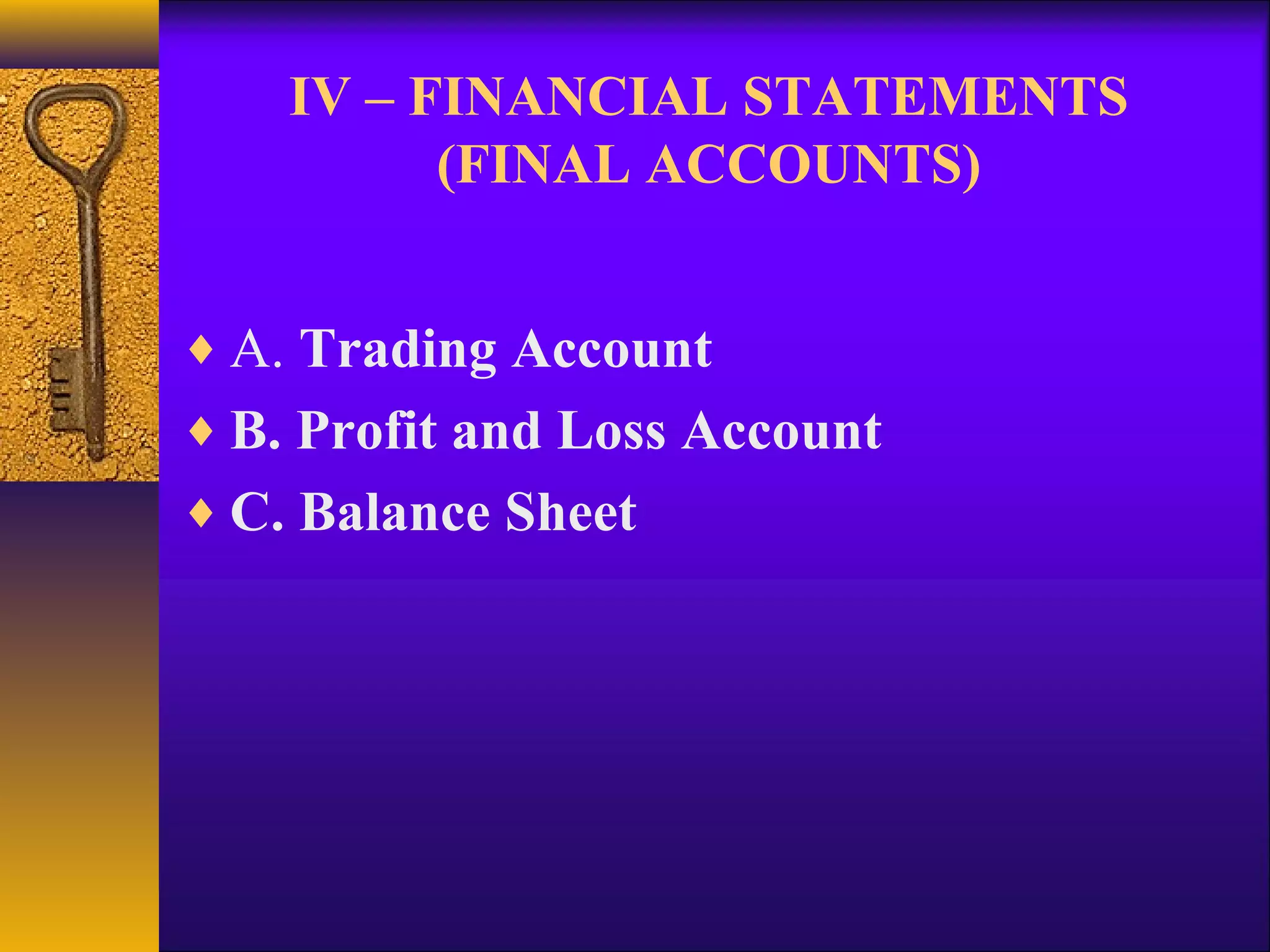 IV – FINANCIAL STATEMENTS
(FINAL ACCOUNTS)
♦ A. Trading Account
♦ B. Profit and Loss Account
♦ C. Balance Sheet
 