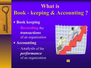 What is
Book - keeping & AccountingBook - keeping & Accounting ?
♦ Book keeping
– Recording the
transactions
of an organization
♦ Accounting
– Analysis of the
performance
of an organization
 
