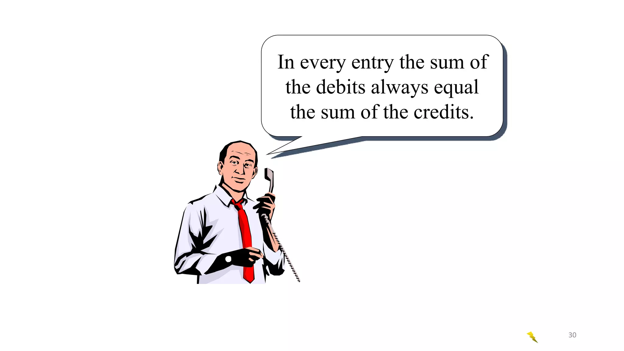 In every entry the sum of
the debits always equal
the sum of the credits.
30
 