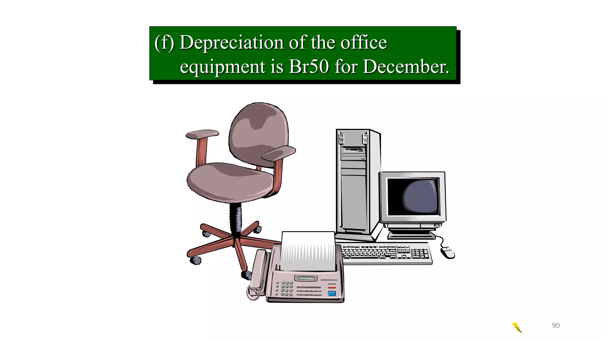(f) Depreciation of the office
equipment is Br50 for December.
90
 