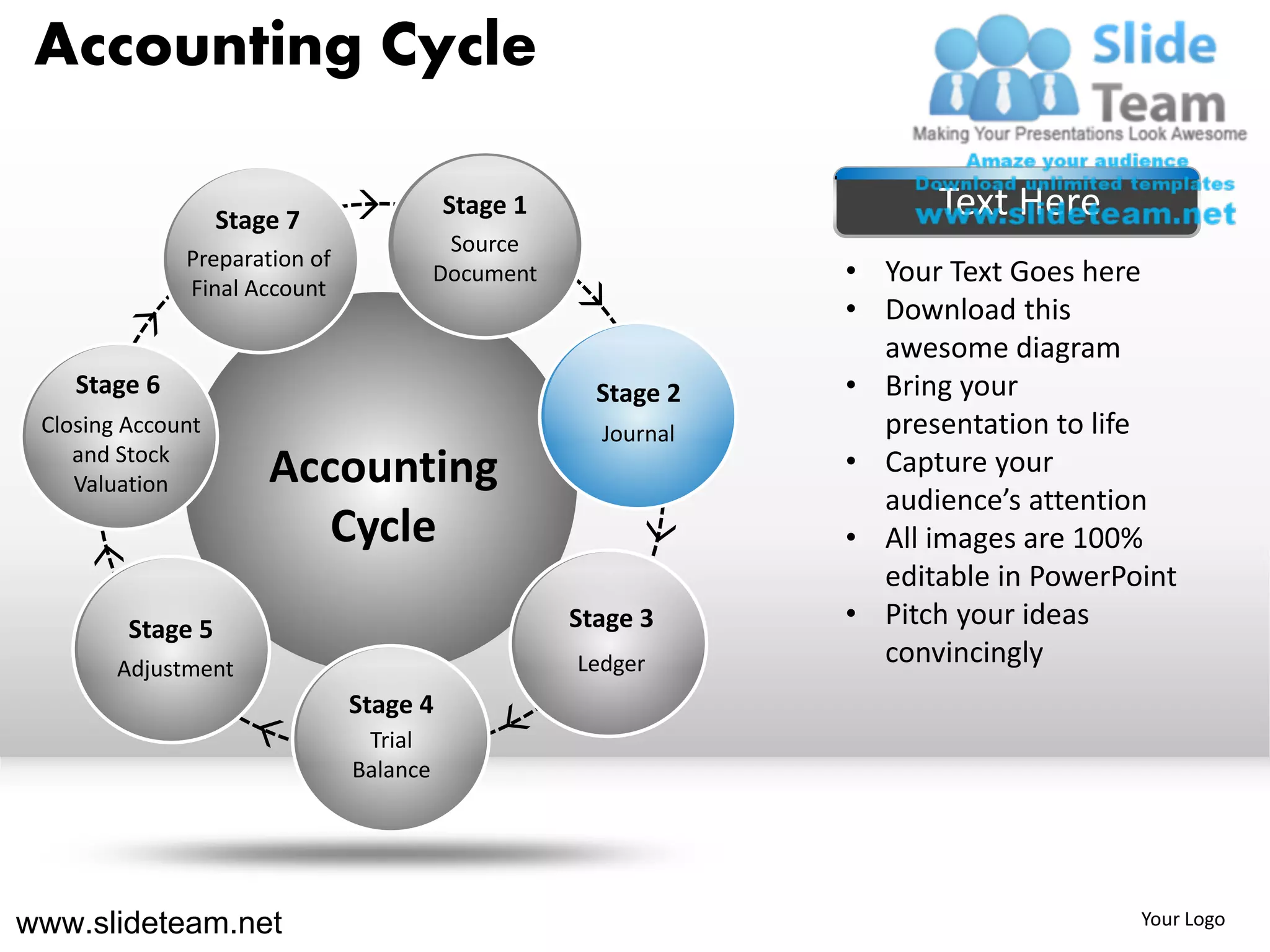 Accounting Cycle

                   Stage 7
                                         Stage 1                      Text Here
                                          Source
              Preparation of
              Final Account
                                         Document               • Your Text Goes here
                                                                • Download this
                                                                  awesome diagram
    Stage 6                                           Stage 2   • Bring your
 Closing Account                                      Journal     presentation to life
    and Stock
                       Accounting                               • Capture your
    Valuation
                                                                  audience’s attention
                          Cycle                                 • All images are 100%
                                                                  editable in PowerPoint
         Stage 5                                    Stage 3     • Pitch your ideas
        Adjustment                                  Ledger        convincingly
                               Stage 4
                                Trial
                               Balance




www.slideteam.net                                                                    Your Logo
 