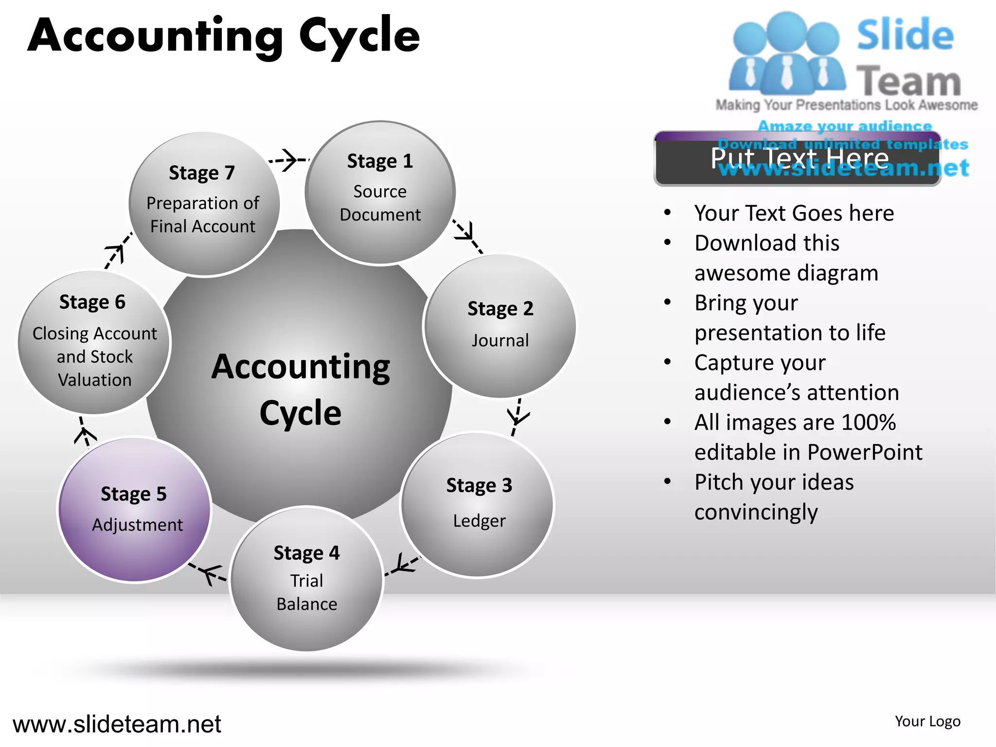 Accounting Cycle

                   Stage 7
                                         Stage 1                    Put Text Here
                                          Source
              Preparation of
              Final Account
                                         Document               • Your Text Goes here
                                                                • Download this
                                                                  awesome diagram
    Stage 6                                           Stage 2   • Bring your
 Closing Account                                      Journal     presentation to life
    and Stock
                       Accounting                               • Capture your
    Valuation
                                                                  audience’s attention
                          Cycle                                 • All images are 100%
                                                                  editable in PowerPoint
         Stage 5                                    Stage 3     • Pitch your ideas
        Adjustment                                  Ledger        convincingly
                               Stage 4
                                Trial
                               Balance




www.slideteam.net                                                                    Your Logo
 