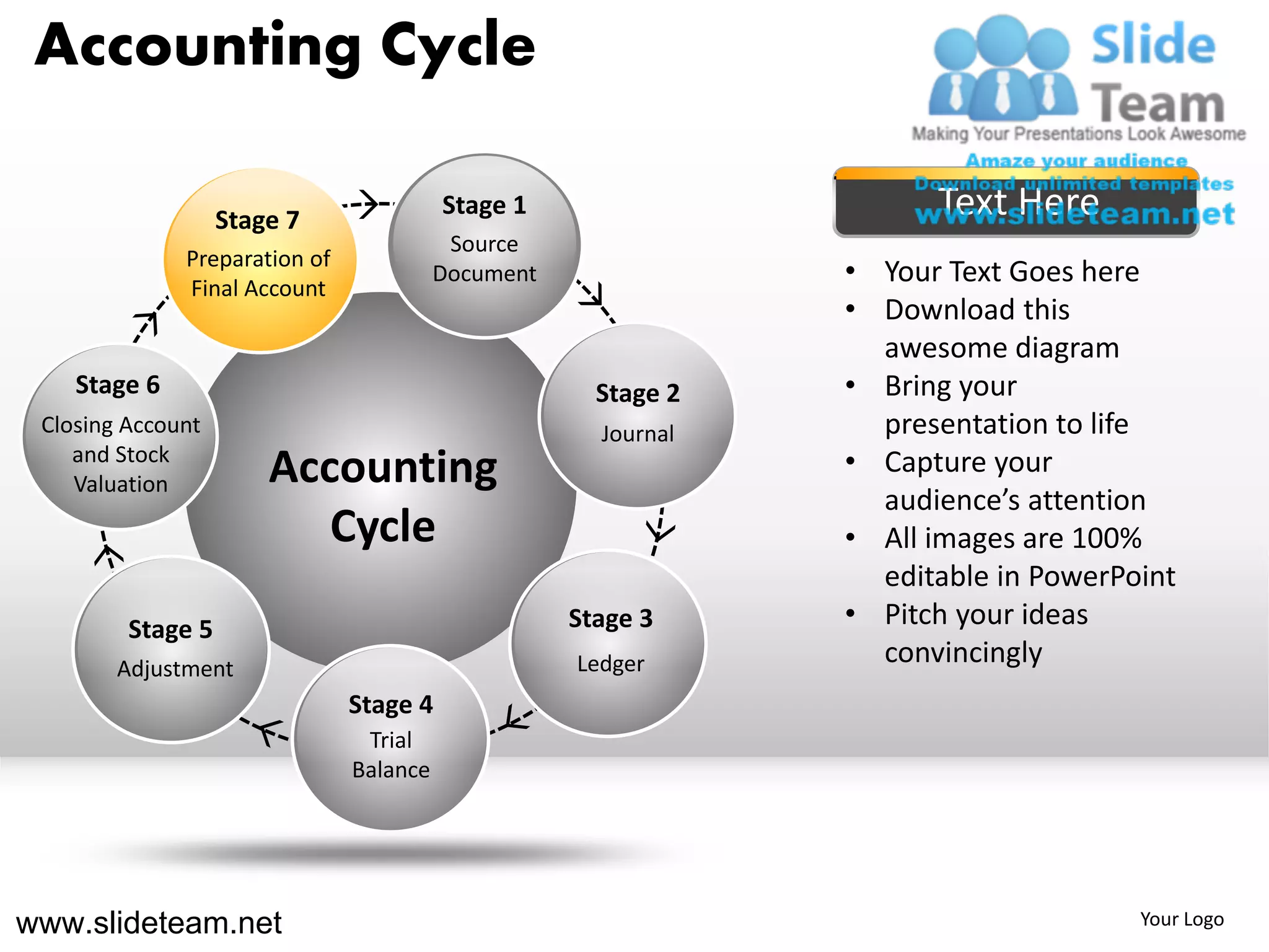 Accounting Cycle

                   Stage 7
                                         Stage 1                      Text Here
                                          Source
              Preparation of
              Final Account
                                         Document               • Your Text Goes here
                                                                • Download this
                                                                  awesome diagram
    Stage 6                                           Stage 2   • Bring your
 Closing Account                                      Journal     presentation to life
    and Stock
                       Accounting                               • Capture your
    Valuation
                                                                  audience’s attention
                          Cycle                                 • All images are 100%
                                                                  editable in PowerPoint
         Stage 5                                    Stage 3     • Pitch your ideas
        Adjustment                                  Ledger        convincingly
                               Stage 4
                                Trial
                               Balance




www.slideteam.net                                                                    Your Logo
 