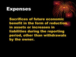 Expenses Sacrifices of future economic benefit in the form of reduction in assets or increases in liabilities during the reporting period, other than withdrawals by the owner. 