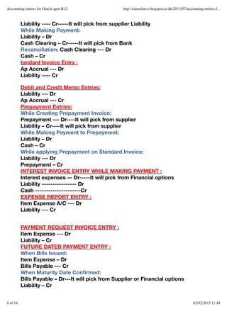 Liability ---- Cr-----It will pick from supplier Liability
While Making Payment:
Liability – Dr
Cash Clearing – Cr-----It will pick from Bank
Reconciliation: Cash Clearing --- Dr
Cash – Cr
tandard Invoice Entry :
Ap Accrual --- Dr
Liability ---- Cr
Debit and Credit Memo Entries:
Liability --- Dr
Ap Accrual --- Cr
Prepayment Entries:
While Creating Prepayment Invoice:
Prepayment --- Dr----It will pick from supplier
Liability – Cr----It will pick from supplier
While Making Payment to Prepayment:
Liability – Dr
Cash – Cr
While applying Prepayment on Standard Invoice:
Liability --- Dr
Prepayment – Cr
INTEREST INVOICE ENTRY WHILE MAKING PAYMENT :
Interest expenses –- Dr-----It will pick from Financial options
Liability ---------------- Dr
Cash ---------------------Cr
EXPENSE REPORT ENTRY :
Item Expense A/C --- Dr
Liability --- Cr
PAYMENT REQUEST INVOICE ENTRY :
Item Expense --- Dr
Liability – Cr
FUTURE DATED PAYMENT ENTRY :
When Bills Issued:
Item Expense – Dr
Bills Payable --- Cr
When Maturity Date Conﬁrmed:
Bills Payable – Dr---It will pick from Supplier or Financial options
Liability – Cr
Accounting entires for Oracle apps R12 http://ramschava.blogspot.co.uk/2013/07/accounting-entires-f...
8 of 14 02/02/2015 11:49
 
