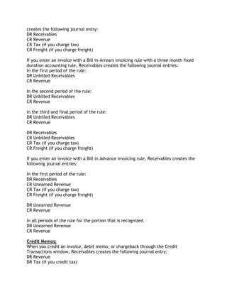 creates the following journal entry:
DR Receivables
CR Revenue
CR Tax (if you charge tax)
CR Freight (if you charge freight)
If you enter an invoice with a Bill in Arrears invoicing rule with a three month fixed
duration accounting rule, Receivables creates the following journal entries:
In the first period of the rule:
DR Unbilled Receivables
CR Revenue
In the second period of the rule:
DR Unbilled Receivables
CR Revenue
In the third and final period of the rule:
DR Unbilled Receivables
CR Revenue
DR Receivables
CR Unbilled Receivables
CR Tax (if you charge tax)
CR Freight (if you charge freight)
If you enter an invoice with a Bill in Advance invoicing rule, Receivables creates the
following journal entries:
In the first period of the rule:
DR Receivables
CR Unearned Revenue
CR Tax (if you charge tax)
CR Freight (if you charge freight)
DR Unearned Revenue
CR Revenue
In all periods of the rule for the portion that is recognized.
DR Unearned Revenue
CR Revenue
Credit Memos:
When you credit an invoice, debit memo, or chargeback through the Credit
Transactions window, Receivables creates the following journal entry:
DR Revenue
DR Tax (if you credit tax)
 
