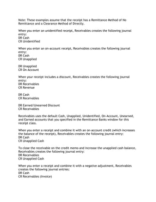 Note: These examples assume that the receipt has a Remittance Method of No
Remittance and a Clearance Method of Directly.
When you enter an unidentified receipt, Receivables creates the following journal
entry:
DR Cash
CR Unidentified
When you enter an on-account receipt, Receivables creates the following journal
entry:
DR Cash
CR Unapplied
DR Unapplied
CR On-Account
When your receipt includes a discount, Receivables creates the following journal
entry:
DR Receivables
CR Revenue
DR Cash
CR Receivables
DR Earned/Unearned Discount
CR Receivables
Receivables uses the default Cash, Unapplied, Unidentified, On-Account, Unearned,
and Earned accounts that you specified in the Remittance Banks window for this
receipt class.
When you enter a receipt and combine it with an on-account credit (which increases
the balance of the receipt), Receivables creates the following journal entry:
DR Cash
CR Unapplied Cash
To close the receivable on the credit memo and increase the unapplied cash balance,
Receivables creates the following journal entry:
DR Receivables
CR Unapplied Cash
When you enter a receipt and combine it with a negative adjustment, Receivables
creates the following journal entries:
DR Cash
CR Receivables (Invoice)
 