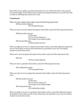 Receivables let you update accounting information for your credit memo after it has posted to
your general ledger. Receivables keep the original accounting information as an audit trail while
it creates an offsetting entry and the new entry.
Commitments
When you enter a deposit, Receivables creates the following journal entry:
DR Receivables (Deposit)
CR Unearned Revenue
When you enter an invoice against this deposit, Receivables creates the following journal entries:
DR Receivables (Invoice)
CR Revenue
CR Tax (if you charge tax)
CR Freight (if you charge freight)
DR Unearned Revenue
CR Receivables (Invoice)
When you apply an invoice to a deposit, Receivables creates a receivable adjustment against the
invoice. Receivables use the account information you specified in your Auto Accounting
structure to create these entries.
When cash is received against this deposit, Receivables creates the following journal entry:
DR Cash
CR Receivables (Deposit)
When you enter a guarantee, Receivables creates the following journal entry:
DR Unbilled Receivables
CR Unearned Revenue
When you enter an invoice against this guarantee, Receivables creates the following journal
entry:
DR Receivables (Invoice)
CR Revenue
CR Tax (if you charge tax)
CR Freight (if you charge freight)
DR Unearned Revenue
CR Unbilled Receivables
When you apply an invoice to a guarantee, Receivables creates a receivable adjustment against
the guarantee. Receivables use the account information you specified in your Auto Accounting
structure to create these entries.
 