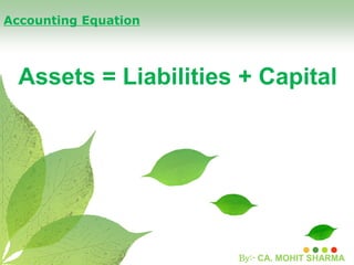 Accounting Equation
Assets = Liabilities + Capital
By:- CA. MOHIT SHARMA
 
