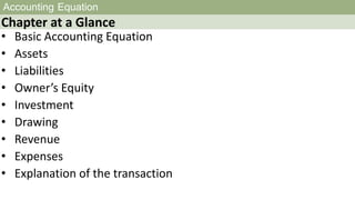 Accounting Equation
Chapter at a Glance
• Basic Accounting Equation
• Assets
• Liabilities
• Owner’s Equity
• Investment
• Drawing
• Revenue
• Expenses
• Explanation of the transaction
 
