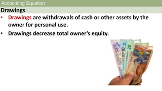 Accounting Equation
Drawings
• Drawings are withdrawals of cash or other assets by the
owner for personal use.
• Drawings decrease total owner’s equity.
 