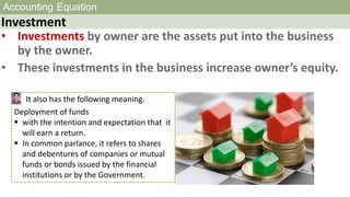 Accounting Equation
Investment
• Investments by owner are the assets put into the business
by the owner.
• These investmen...