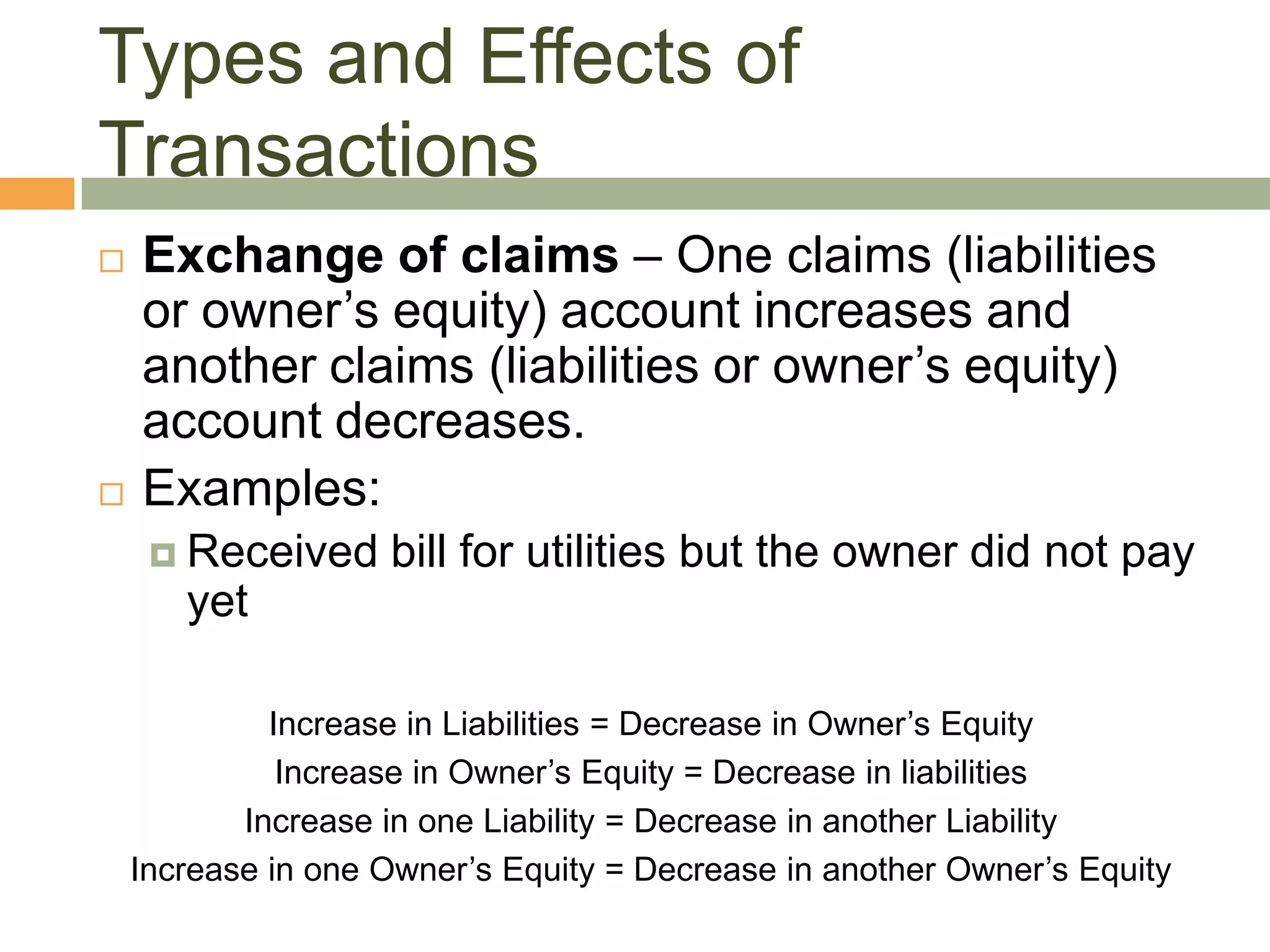  Exchange of claims – One claims (liabilities
or owner’s equity) account increases and
another claims (liabilities or owner’s equity)
account decreases.
 Examples:
 Received bill for utilities but the owner did not pay
yet
Increase in Liabilities = Decrease in Owner’s Equity
Increase in Owner’s Equity = Decrease in liabilities
Increase in one Liability = Decrease in another Liability
Increase in one Owner’s Equity = Decrease in another Owner’s Equity
Types and Effects of
Transactions
 