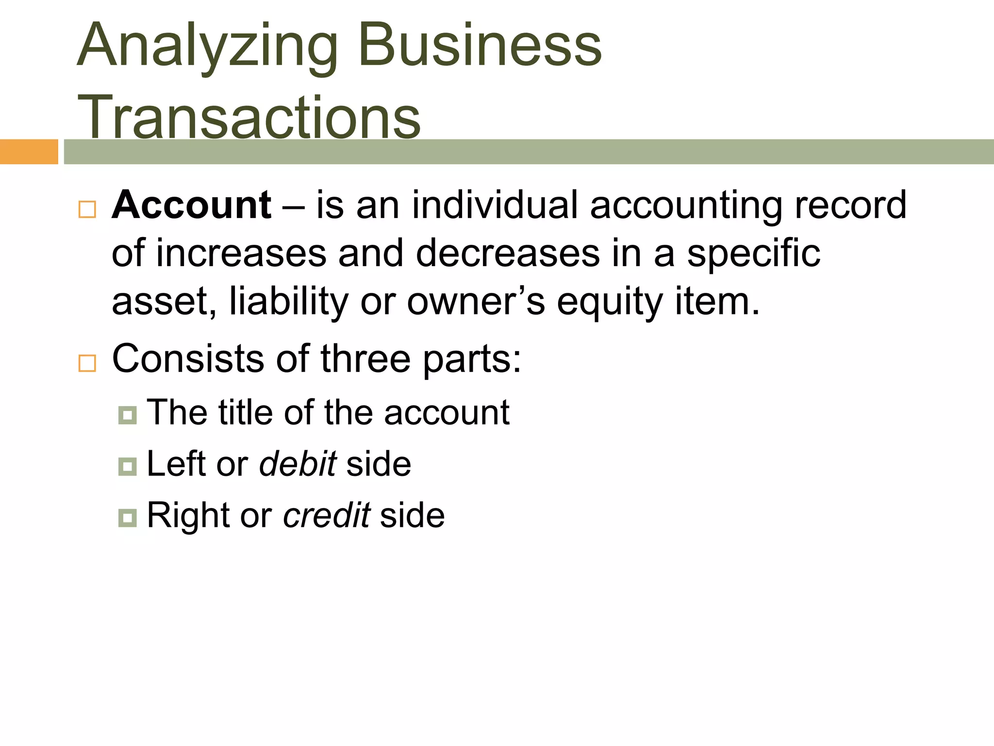 Analyzing Business
Transactions
 Account – is an individual accounting record
of increases and decreases in a specific
asset, liability or owner’s equity item.
 Consists of three parts:
 The title of the account
 Left or debit side
 Right or credit side
 