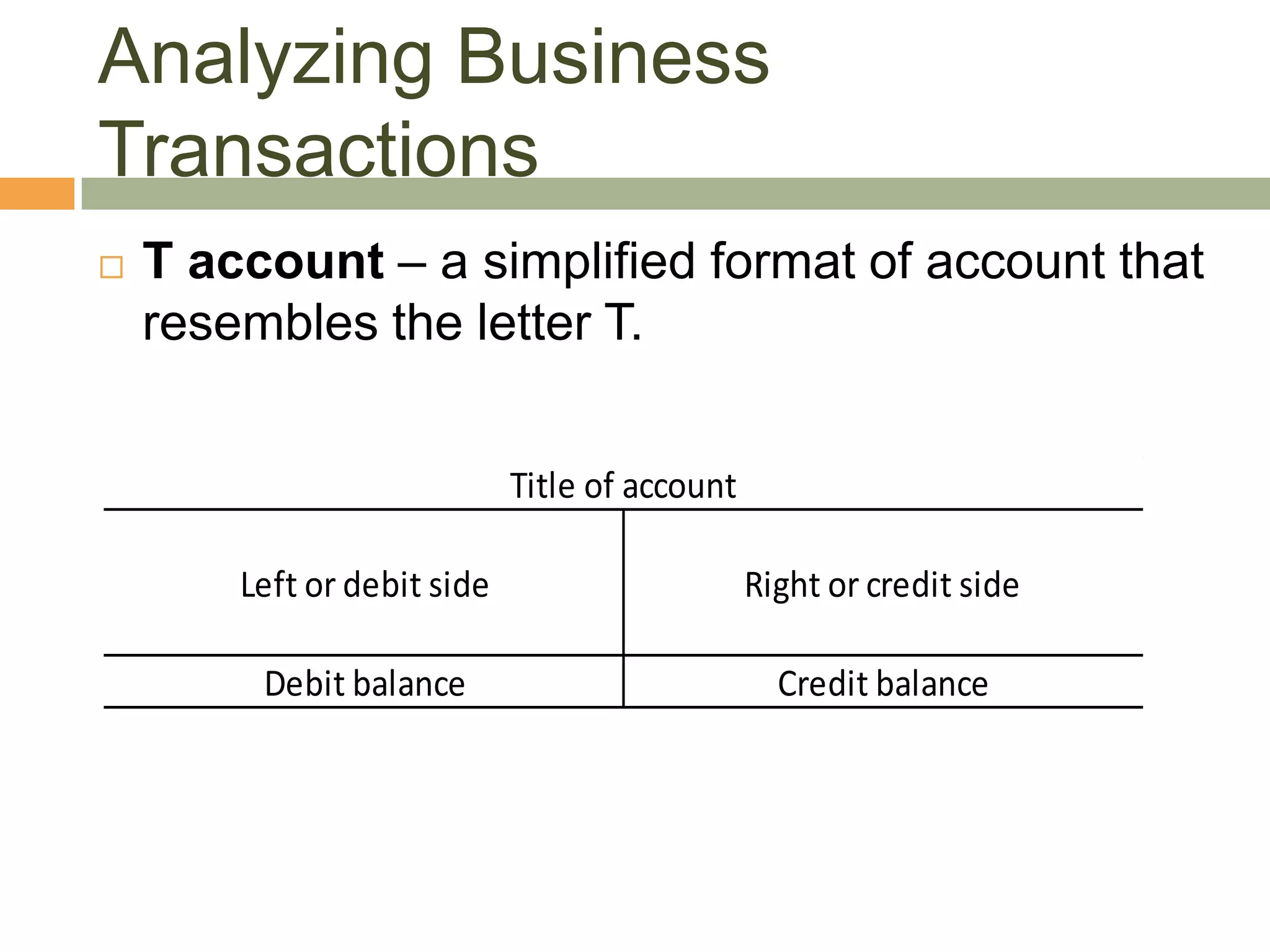 Analyzing Business
Transactions
 T account – a simplified format of account that
resembles the letter T.
Left or debit side Right or credit side
Debit balance Credit balance
Title of account
 