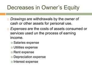 Decreases in Owner’s Equity
 Drawings are withdrawals by the owner of
cash or other assets for personal use.
 Expenses are the costs of assets consumed or
services used un the process of earning
income.
 Salaries expense
 Utilities expense
 Rent expense
 Depreciation expense
 Interest expense
 