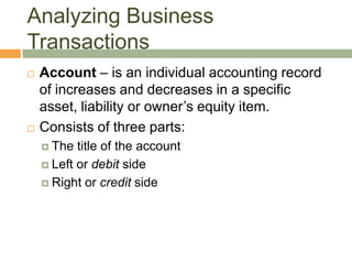 Analyzing Business
Transactions
 Account – is an individual accounting record
of increases and decreases in a specific
asset, liability or owner’s equity item.
 Consists of three parts:
 The title of the account
 Left or debit side
 Right or credit side
 