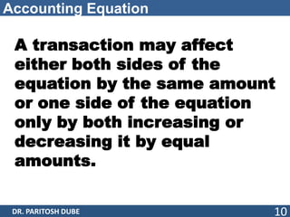 Accounting Equation
DR. PARITOSH DUBE 10
A transaction may affect
either both sides of the
equation by the same amount
or one side of the equation
only by both increasing or
decreasing it by equal
amounts.
 