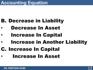 Accounting Equation
B. Decrease in Liability
• Decrease In Asset
• Increase In Capital
• Increase in Another Liability
C. Increase In Capital
• Increase In Asset
DR. PARITOSH DUBE 12
 