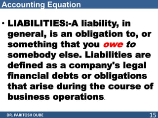 Accounting Equation
• LIABILITIES:-A liability, in
general, is an obligation to, or
something that you owe to
somebody else. Liabilities are
defined as a company's legal
financial debts or obligations
that arise during the course of
business operations.
DR. PARITOSH DUBE 15
 