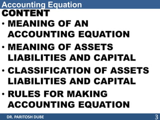 Accounting Equation
CONTENT
• MEANING OF AN
ACCOUNTING EQUATION
• MEANING OF ASSETS
LIABILITIES AND CAPITAL
• CLASSIFICATION OF ASSETS
LIABILITIES AND CAPITAL
• RULES FOR MAKING
ACCOUNTING EQUATION
DR. PARITOSH DUBE 3
 