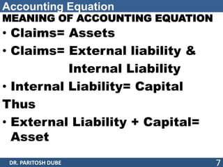 Accounting Equation
MEANING OF ACCOUNTING EQUATION
• Claims= Assets
• Claims= External liability &
Internal Liability
• Internal Liability= Capital
Thus
• External Liability + Capital=
Asset
DR. PARITOSH DUBE 7
 