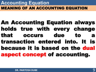 Accounting Equation
MEANING OF AN ACCOUNTING EQUATION
An Accounting Equation always
holds true with every change
that occurs due to a
transaction entered into. It is
because it is based on the dual
aspect concept of accounting.
DR. PARITOSH DUBE 9
 