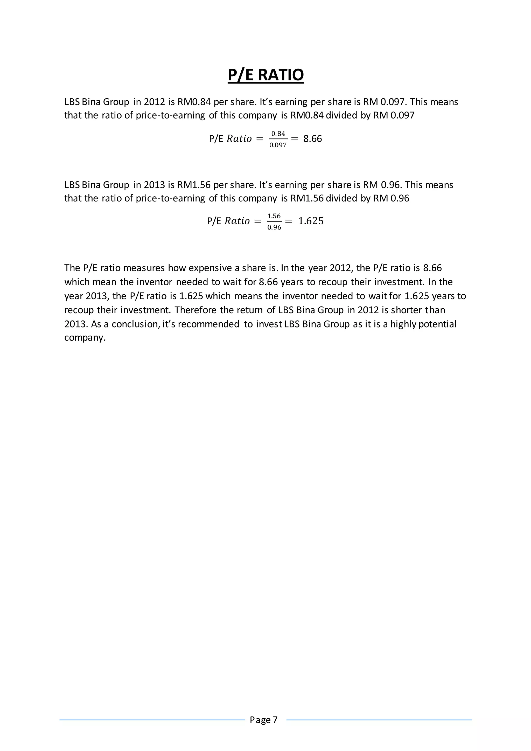 Page 7
P/E RATIO
LBS Bina Group in 2012 is RM0.84 per share. It’s earning per share is RM 0.097. This means
that the ratio of price-to-earning of this company is RM0.84 divided by RM 0.097
P/E 𝑅𝑎𝑡𝑖𝑜 =
0.84
0.097
= 8.66
LBS Bina Group in 2013 is RM1.56 per share. It’s earning per share is RM 0.96. This means
that the ratio of price-to-earning of this company is RM1.56 divided by RM 0.96
P/E 𝑅𝑎𝑡𝑖𝑜 =
1.56
0.96
= 1.625
The P/E ratio measures how expensive a share is. In the year 2012, the P/E ratio is 8.66
which mean the inventor needed to wait for 8.66 years to recoup their investment. In the
year 2013, the P/E ratio is 1.625 which means the inventor needed to wait for 1.625 years to
recoup their investment. Therefore the return of LBS Bina Group in 2012 is shorter than
2013. As a conclusion, it’s recommended to invest LBS Bina Group as it is a highly potential
company.
 