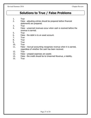 Revised Summer 2016 Chapter Review
Page 27 of 28
Solutions to True / False Problems
1. True
2. False - adjusting entries s...