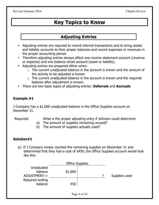 Revised Summer 2016 Chapter Review
Page 4 of 28
Key Topics to Know
Adjusting Entries
• Adjusting entries are required to r...