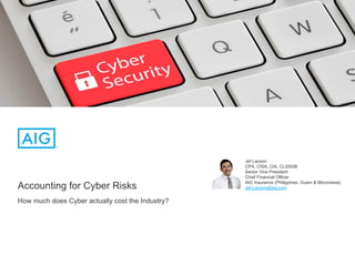 Accounting for Cyber Risks
How much does Cyber actually cost the Industry?
Jef Lacson
CPA, CISA, CIA, CLSSGB
Senior Vice President
Chief Financial Officer
AIG Insurance (Philippines, Guam & Micronesia)
Jef.Lacson@aig.com
 