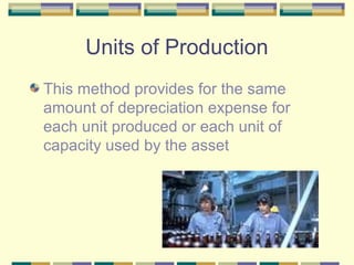 Units of Production
This method provides for the same
amount of depreciation expense for
each unit produced or each unit of
capacity used by the asset
 