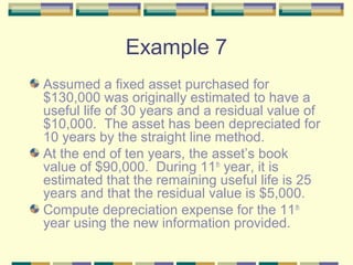 Example 7
Assumed a fixed asset purchased for
$130,000 was originally estimated to have a
useful life of 30 years and a residual value of
$10,000. The asset has been depreciated for
10 years by the straight line method.
At the end of ten years, the asset’s book
value of $90,000. During 11th
year, it is
estimated that the remaining useful life is 25
years and that the residual value is $5,000.
Compute depreciation expense for the 11th
year using the new information provided.
 