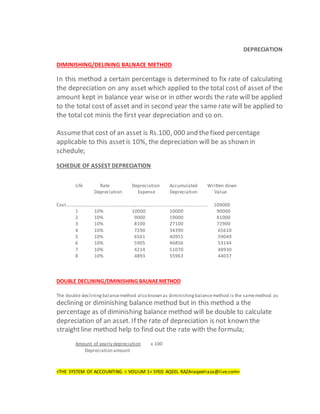 DEPRECIATION
DIMINISHING/DELINING BALNACE METHOD
In this method a certain percentage is determined to fix rate of calculating
the depreciation on any asset which applied to the total cost of asset of the
amount kept in balance year wise or in other words the rate will be applied
to the total cost of asset and in second year the same rate will be applied to
the total cot minis the first year depreciation and so on.
Assumethat cost of an asset is Rs.100, 000 and thefixed percentage
applicable to this assetis 10%, the depreciation will be as shown in
schedule;
SCHEDUE OF ASSEST DEPRECIATION
Life Rate Depreciation Accumulated Written down
Depreciation Expense Depreciation Value
Cost………………………………………………………………………………………………………… 100000
1 10% 10000 10000 90000
2 10% 9000 19000 81000
3 10% 8100 27100 72900
4 10% 7290 34390 65610
5 10% 6561 40951 59049
6 10% 5905 46856 53144
7 10% 4214 51070 48930
8 10% 4893 55963 44037
DOUBLE DECLINING/DMINISHING BALNAEMETHOD
The double declining balancemethod also known as diminishing balancemethod is the samemethod as
declining or diminishing balance method but in this method a the
percentage as of diminishing balance method will be double to calculate
depreciation of an asset. If the rate of depreciation is not known the
straightline method help to find out the rate with the formula;
Amount of yearly depreciation x 100
Depreciation amount
<THE SYSTEM OF ACCOUNTING < VOLIUM 1< SYED AQEEL RAZA<aqeelraza@live.com>
 