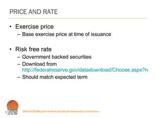 PRICE AND RATE Exercise price Base exercise price at time of issuance  Risk free rate  Government backed securities Download from  http://federalreserve.gov/datadownload/Choose.aspx?rel=H.15 Should match expected term 