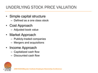 UNDERLYING STOCK PRICE VALUATION Simple capital structure Defined as a one class stock Cost Approach Adjusted book value Market Approach Publicly-traded companies Mergers and acquisitions Income Approach Capitalized cash flow Discounted cash flow 