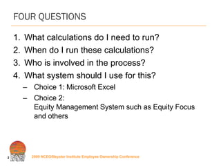 FOUR QUESTIONS What calculations do I need to run? When do I run these calculations? Who is involved in the process? What system should I use for this? Choice 1: Microsoft Excel Choice 2:  Equity Management System such as Equity Focus and others 