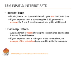 BSM INPUT 2: INTEREST RATE Interest Rate Most systems can download these for you,  and  track over time If your expected term is something like 6.25, you need to  average  the 5 and 7 year terms until you get to a 6.25 result Back-Up Details   A spreadsheet or  report  showing the interest rates downloaded from the Federal Reserve If your expected term is not a year in the spreadsheet, an  example of the calculation  being used to get to the averages 