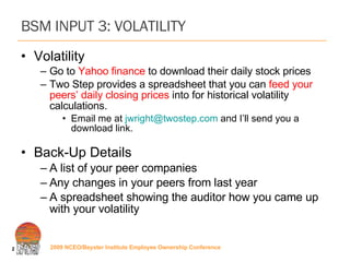 BSM INPUT 3: VOLATILITY Volatility Go to  Yahoo finance  to download their daily stock prices Two Step provides a spreadsheet that you can  feed your peers’ daily closing prices  into for historical volatility calculations.   Email me at  [email_address]  and I’ll send you a download link.  Back-Up Details   A list of your peer companies Any changes in your peers from last year A spreadsheet showing the auditor how you came up with your volatility 