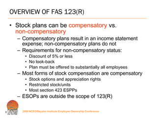 OVERVIEW OF FAS 123(R) Stock plans can be  compensatory  vs.  non-compensatory Compensatory plans result in an income statement expense; non-compensatory plans do not Requirements for non-compensatory status:  Discount of 5% or less  No look-back  Plan must be offered to substantially all employees Most forms of stock compensation are compensatory Stock options and appreciation rights Restricted stock/units Most section 423 ESPPs ESOPs are outside the scope of 123(R) 